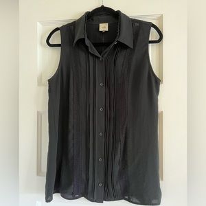Cabi Black Button Blouse with Pleating and Lace Detail